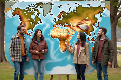 Quatre personnes devant une carte du climat mondial