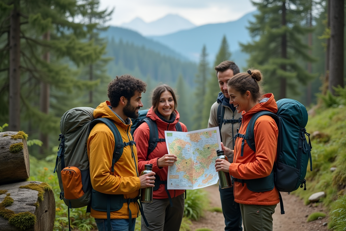 Groupe d'adultes en randonnée dans la forêt avec carte