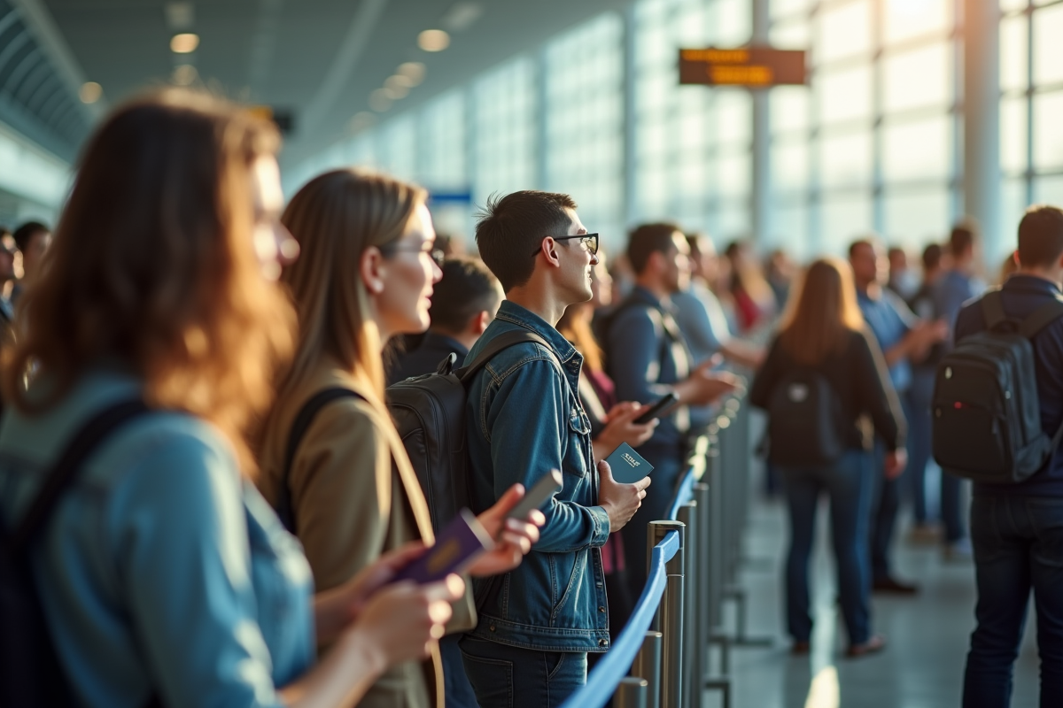 Groupe de voyageurs en attente à l'aéroport avec passeports