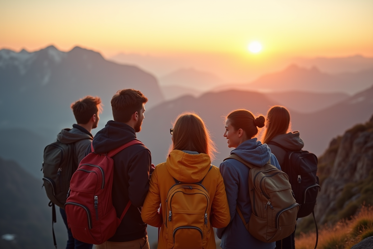 Groupe de voyageurs au sommet avec vue sur la montagne