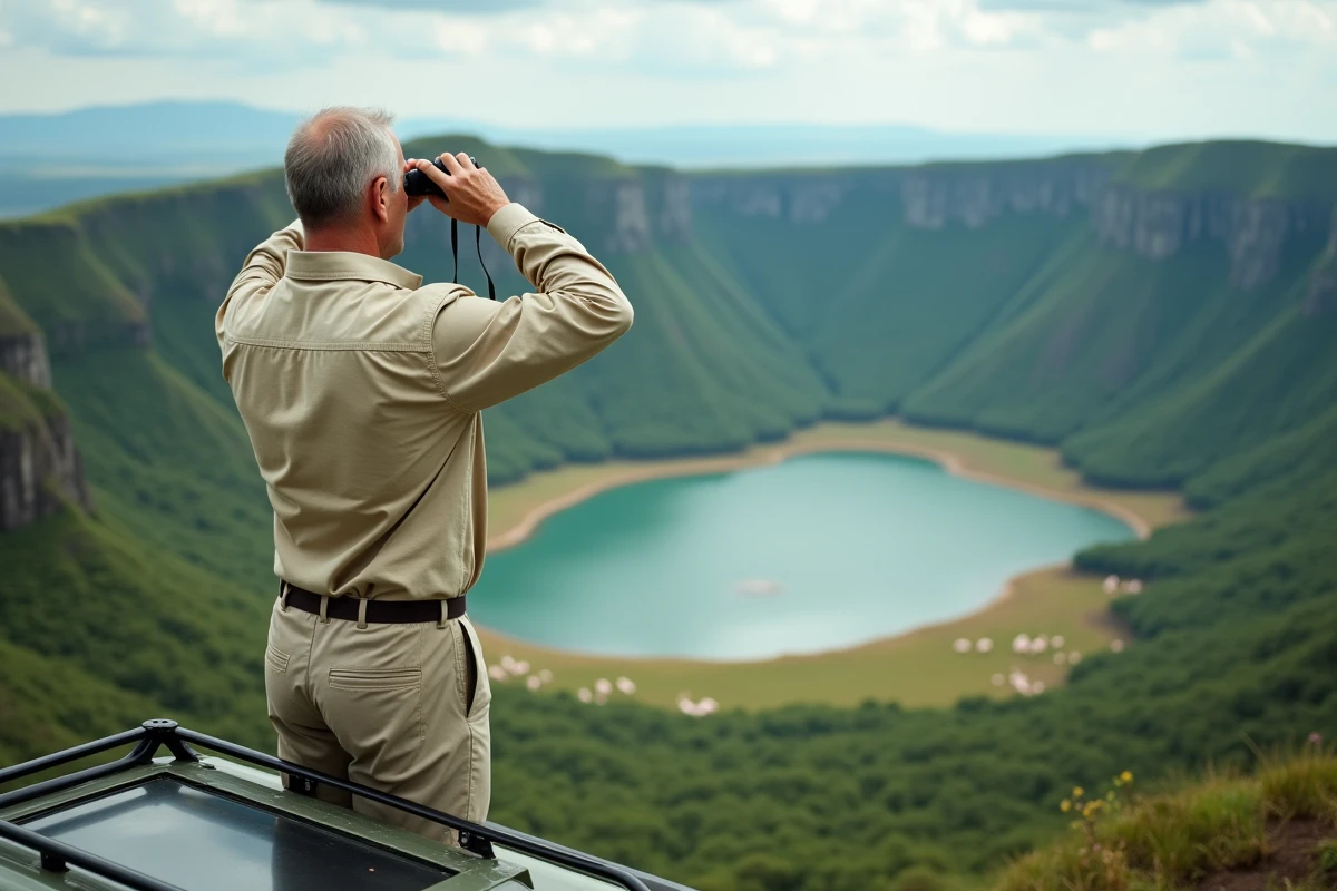 Guide safari observant le cratère du Ngorongoro depuis le bord du cratère avec des jumelles en Tanzanie