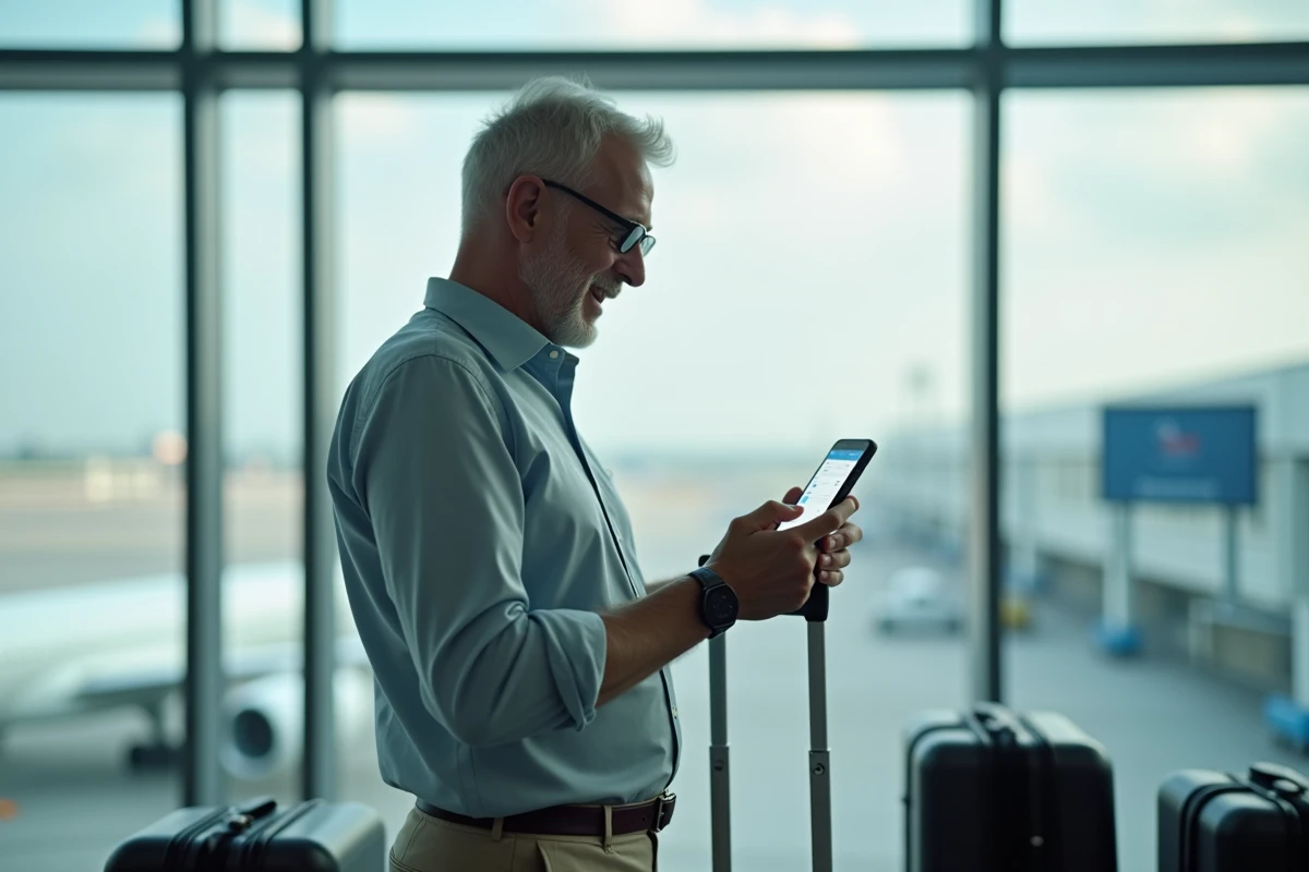 Homme d age moyen consulte une application de vol &agrave; l a&eacute;roport