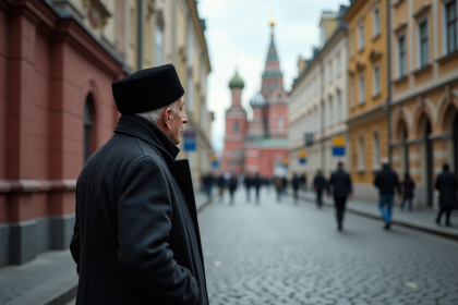 Homme âgé en manteau et ushanka à Moscou