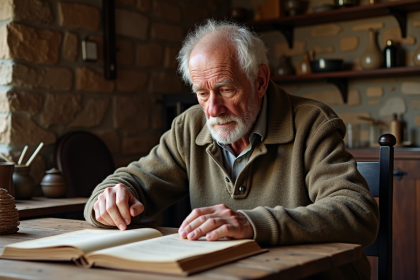 Homme âgé en pull vintage feuilletant un livre de famille