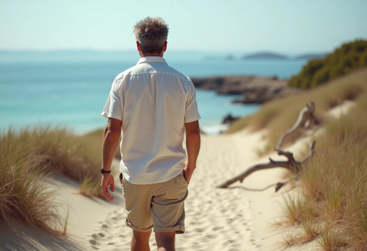 Homme seul marchant sur la plage de Fautea