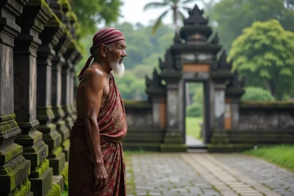 Homme balinais &acirc;g&eacute; en tenue traditionnelle pr&egrave;s du temple Taman Ayun