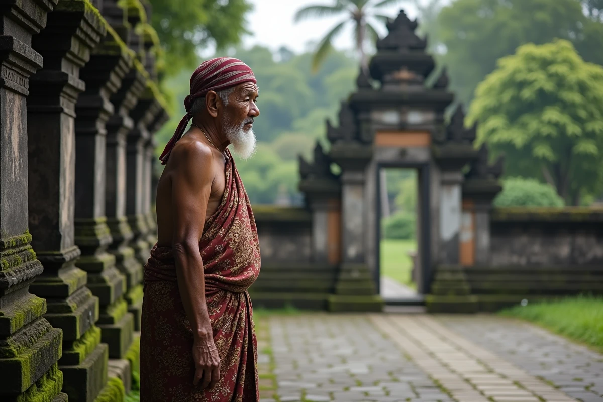 Homme balinais âgé en tenue traditionnelle près du temple Taman Ayun