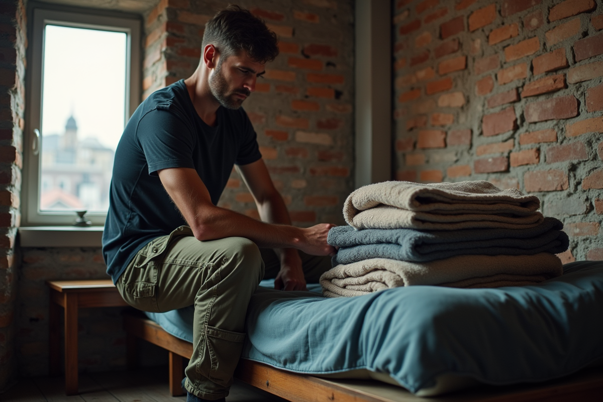 Homme examinant des couvertures dans une auberge rustique