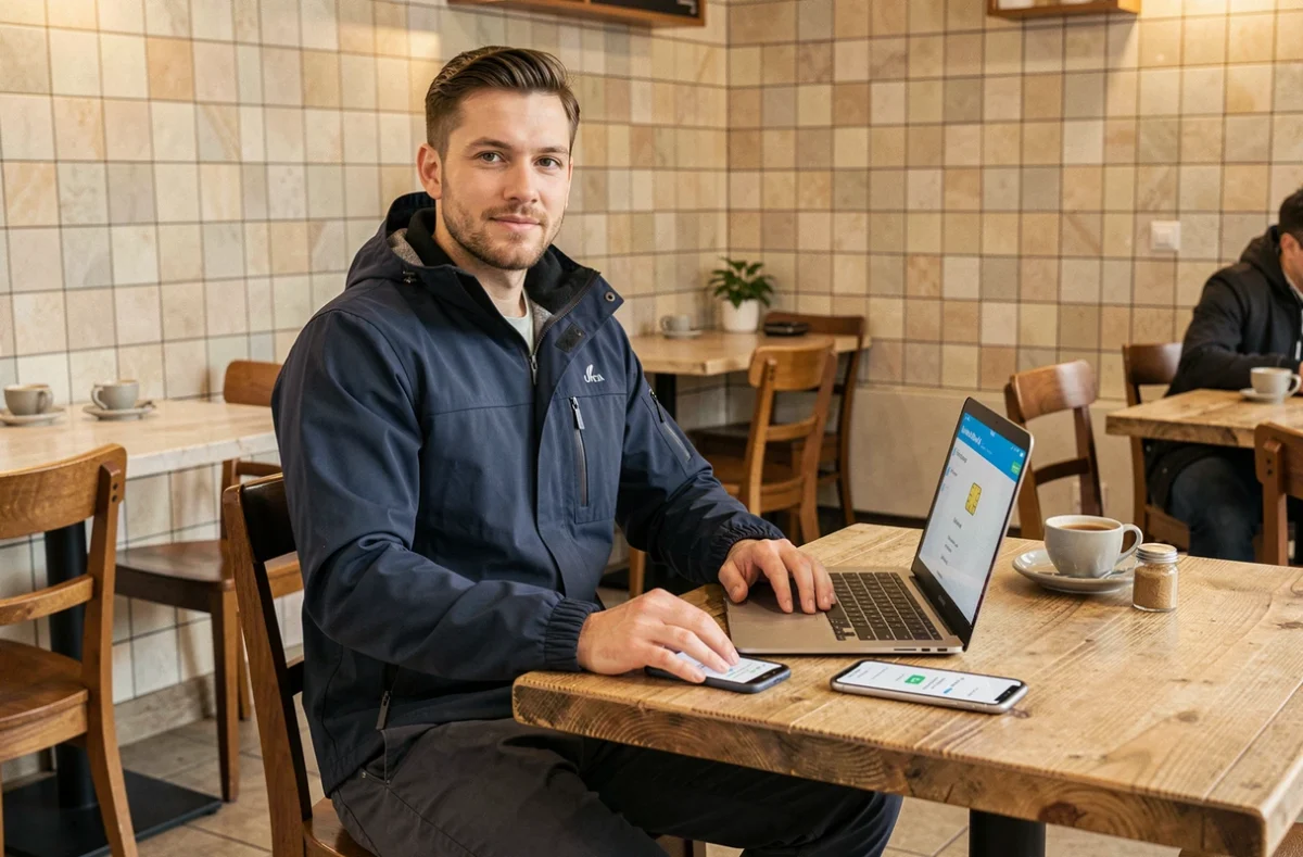 Homme en café activant une eSIM sans engagement sur son smartphone pendant un voyage