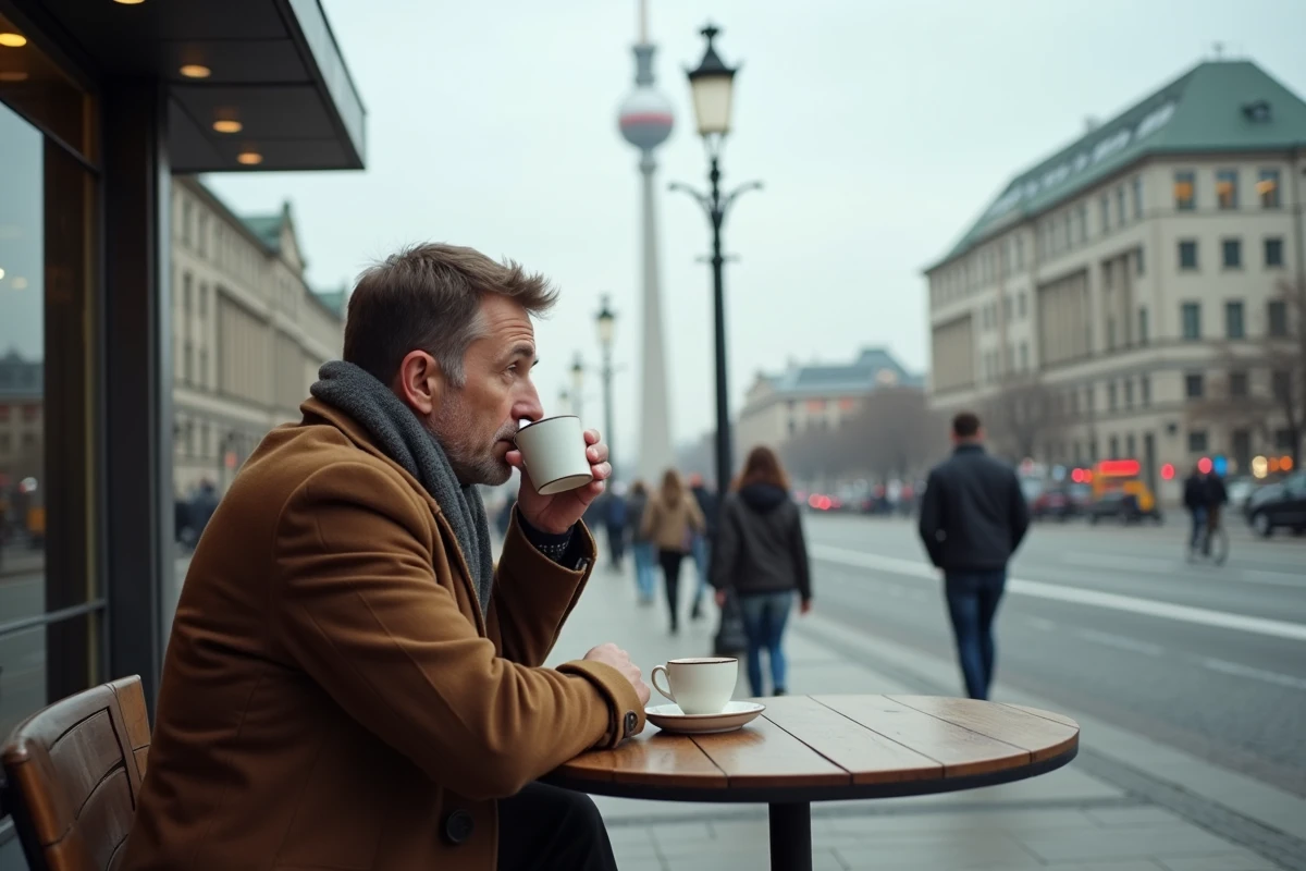 Homme sirotant un café devant la tour de Berlin