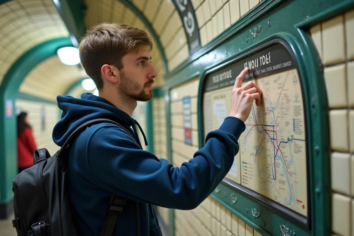 Homme étudiant la carte du métro parisien dans une station souterraine Art Nouveau