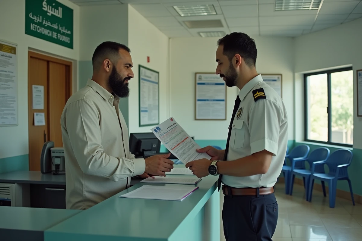 Homme remettant son passeport et dossier de visa longue durée au guichet d'une préfecture marocaine