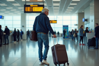 Homme d'âge moyen vérifiant son billet à l'aéroport
