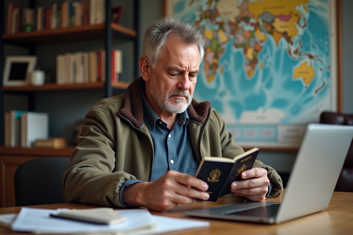 Homme regardant son passeport dans un bureau