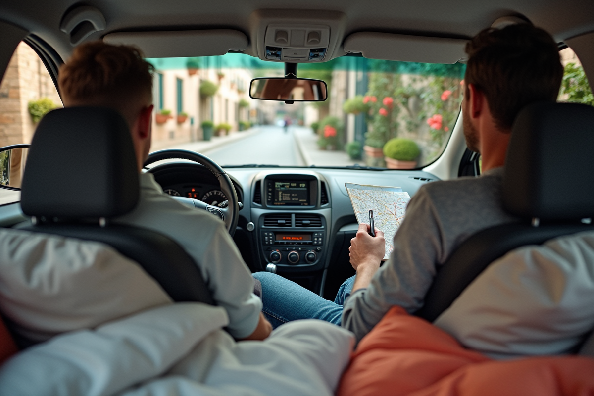 Homme lisant une carte dans une voiture en village italien