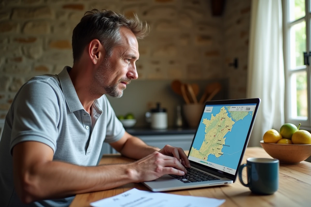 Homme préparant son itinéraire de vacances en France sur Mappy depuis un ordinateur portable dans une maison de campagne
