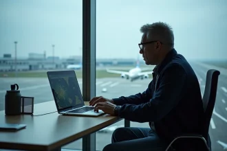 Homme d'âge moyen utilisant un ordinateur pour radar aviation
