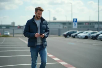 Homme marchant dans parking de Toulouse avec ticket digital