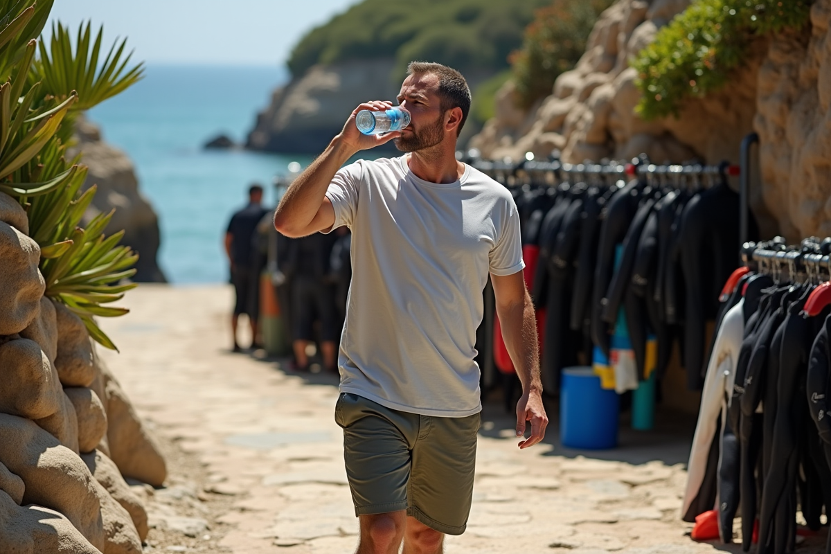Homme en détente après plongée sur chemin côtier