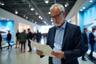 Homme d'âge moyen portant un blazer bleu étudier une carte du salon nautique