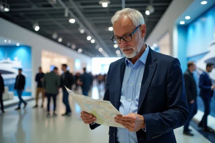 Homme d'âge moyen portant un blazer bleu étudier une carte du salon nautique