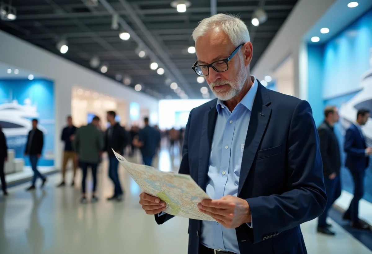 Homme d'âge moyen portant un blazer bleu étudier une carte du salon nautique