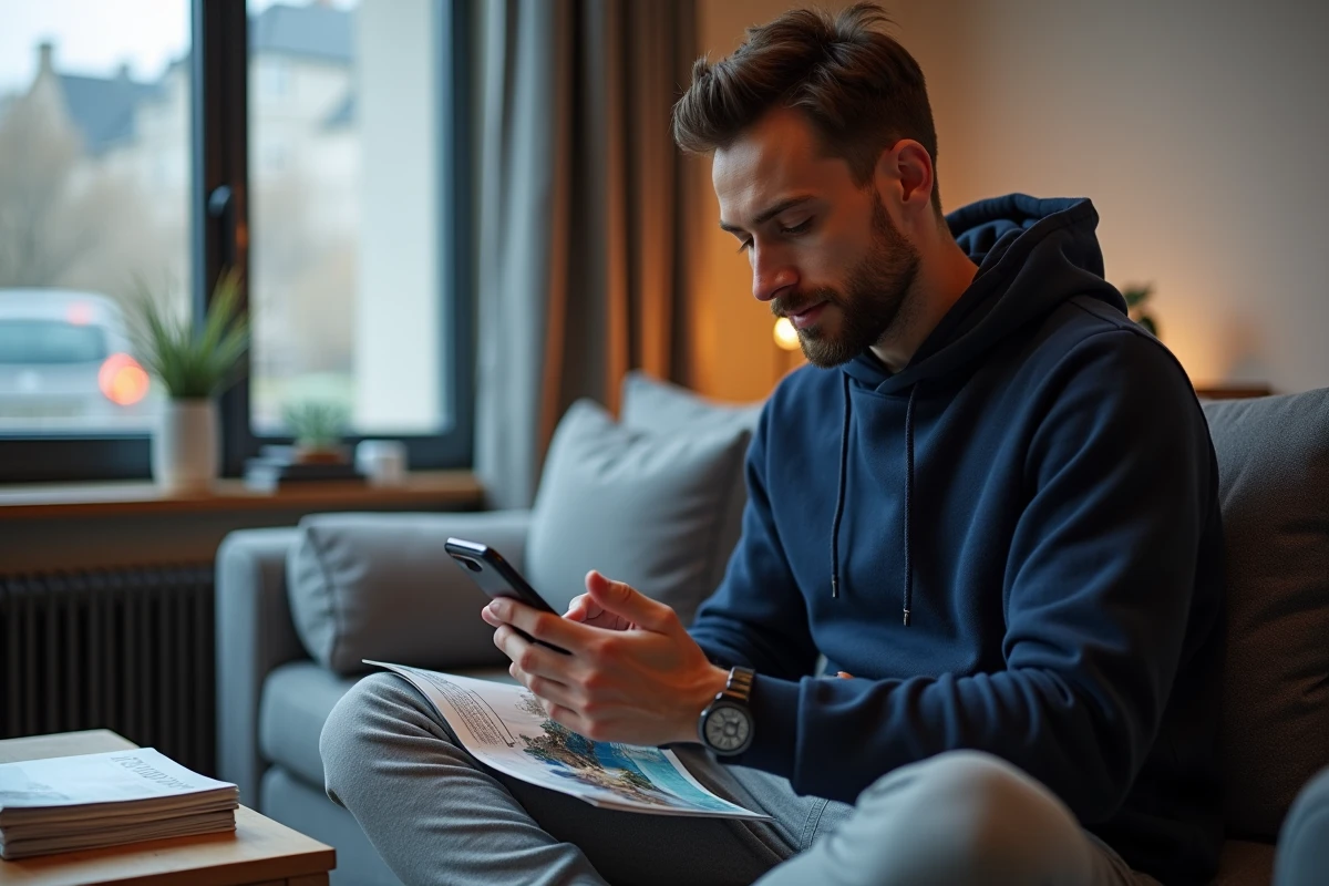 Jeune homme comparant des brochures et offres Leclerc Voyage de dernière minute sur smartphone dans un salon