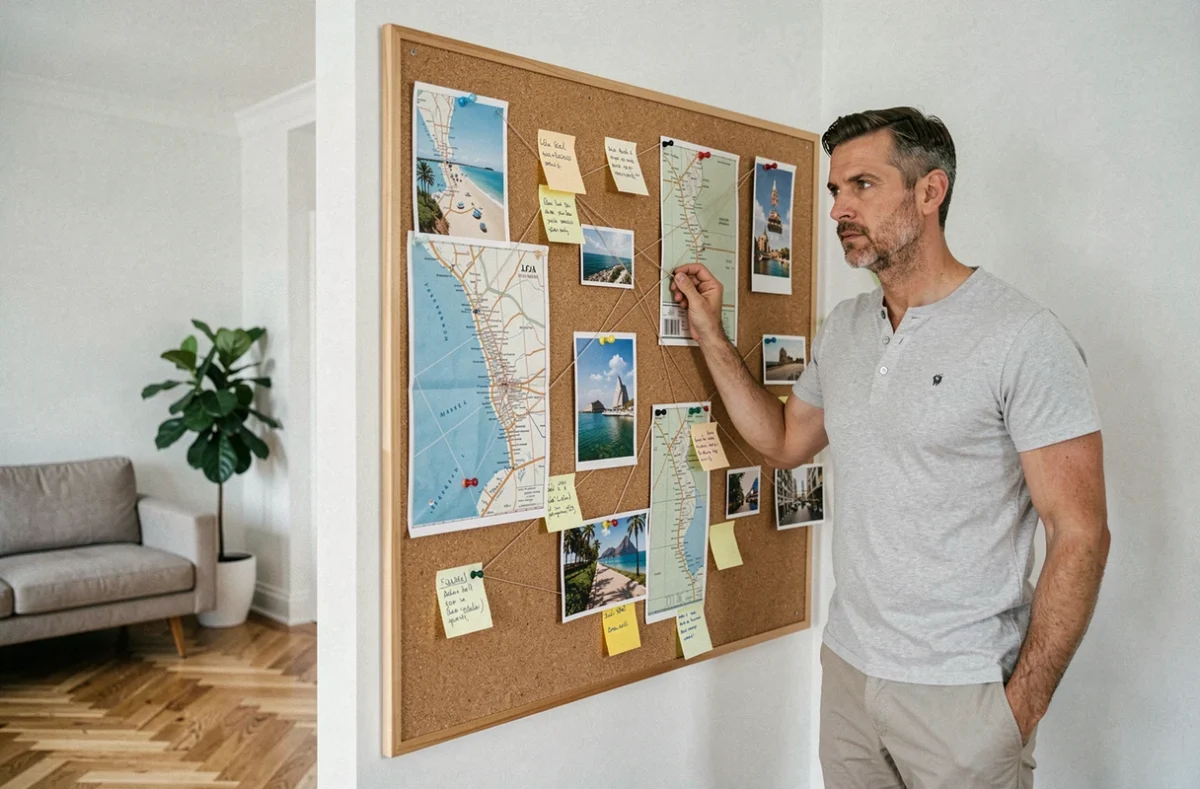 Homme organisant un tableau de planification de voyage avec des cartes imprimables de villes américaines