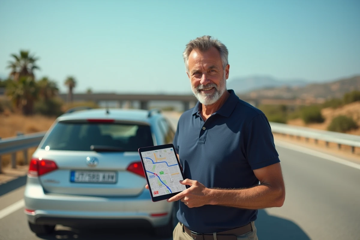 Homme consultant une carte d'autoroutes gratuites en Espagne sur une tablette lors d'une pause routi&egrave;re