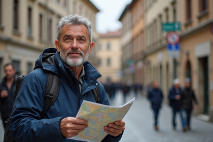 Homme europ&eacute;en perplexe avec carte dans une ville ancienne