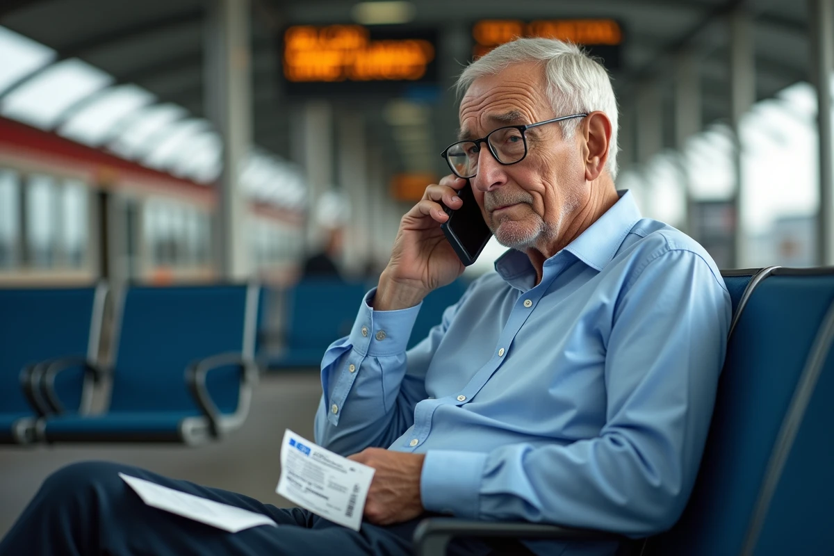 Homme âgé dans une gare avec téléphone et billet SNCF