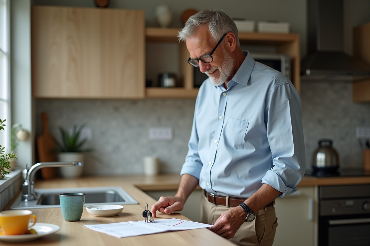 Homme vérifiant ses clés et checklist dans une cuisine moderne