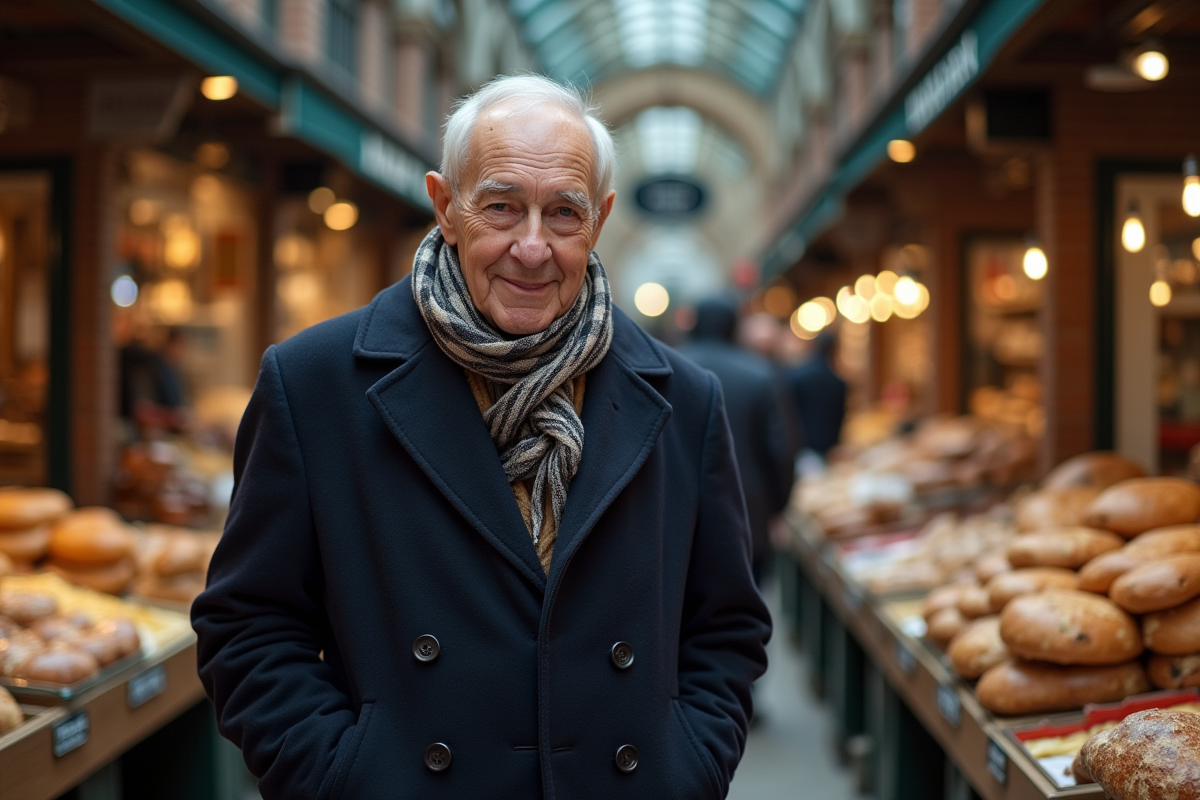 Homme âgé explorant le marché de Borough à Londres