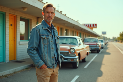 Homme en denim devant un motel vintage en plein air