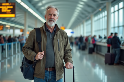 Homme d'âge moyen au check-in aéroport avec valise et passeport