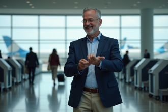 Homme d'âge moyen vérifiant sa montre à l'aéroport