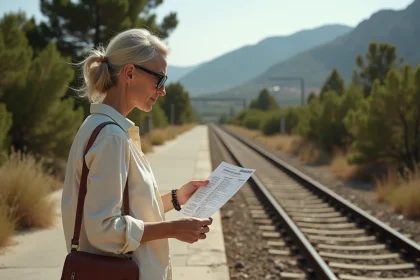 Femme consultant l'horaire de la micheline corse sur un quai de gare rurale entouré de maquis méditerranéen