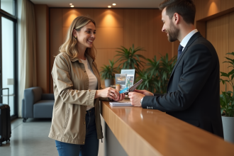 Femme d'âge moyen à la réception d'hôtel échangeant ses documents