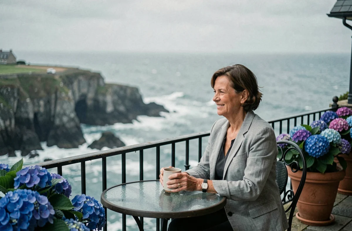 Terrasse d'hôtel vue sur mer en Finistère avec femme prenant un café face à la côte bretonne