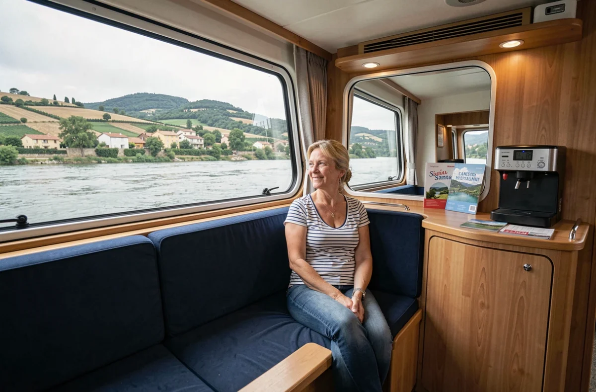 Intérieur d'un bateau de croisière fluviale sur le Rhône avec vue panoramique sur les rives