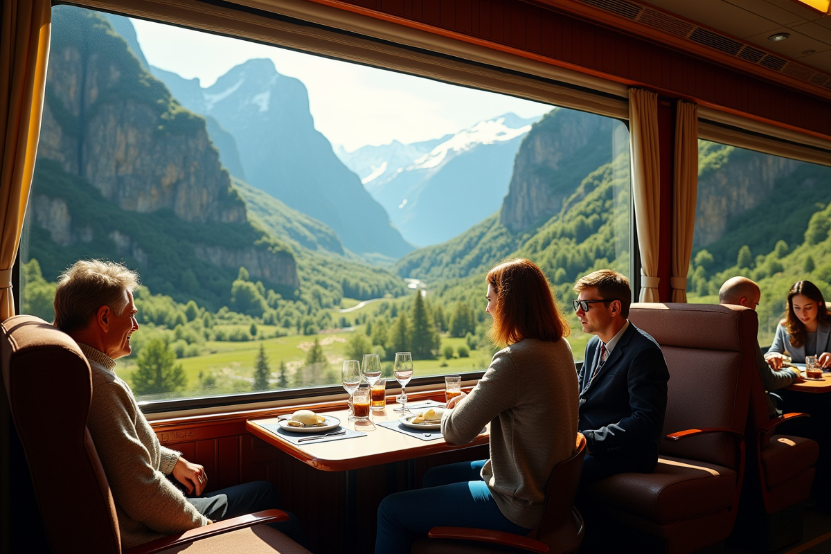 Passagers dans l interieur du Glacier Express regardant la nature