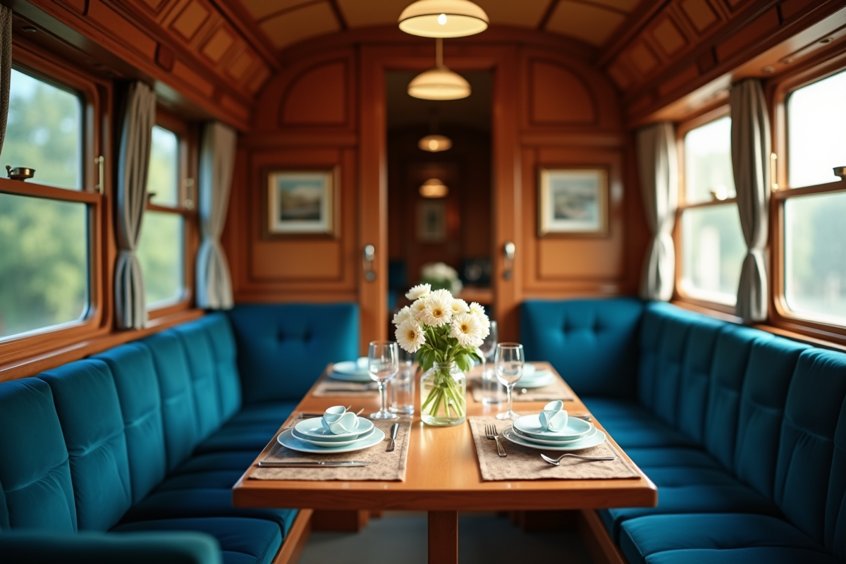 Intérieur luxueux d'un train avec détails art déco et sièges en velours bleu