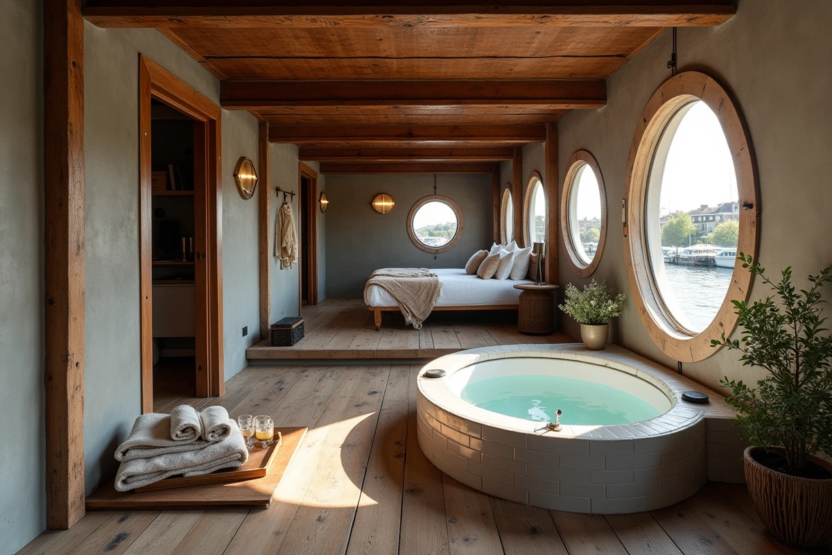 Intérieur aménagé d'une péniche de luxe à Toulouse avec jacuzzi privatif, poutres en acier et hublot vue sur le canal