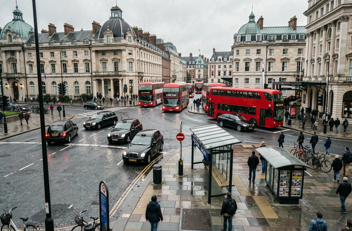 Vue aérienne d'une intersection animée près de la gare Victoria à Londres avec taxis et bus rouges