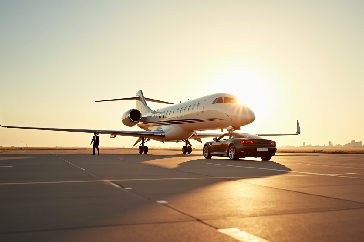 Jet privé luxe sur la piste avec voitures et chauffeur
