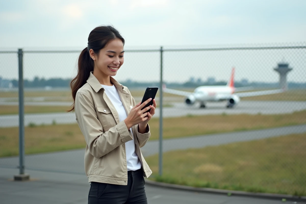 Jeune femme regardant un smartphone avec un aéroport en arrière-plan