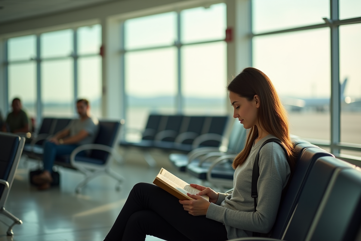 Jeune femme lisant dans la salle d