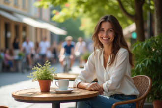 Jeune femme souriante dans un café en ville