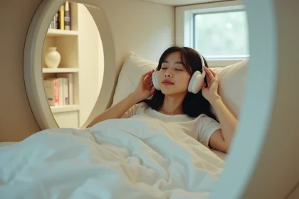 Jeune femme ajustant des &eacute;couteurs dans un pod moderne