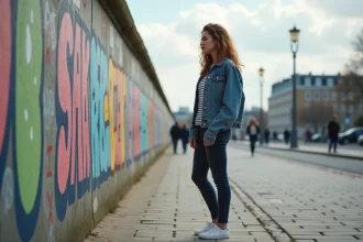 Jeune femme examine un graffiti sur le Mur de Berlin